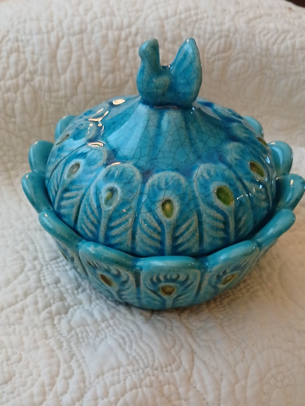 Vintage Peacock Covered Trinket Dish